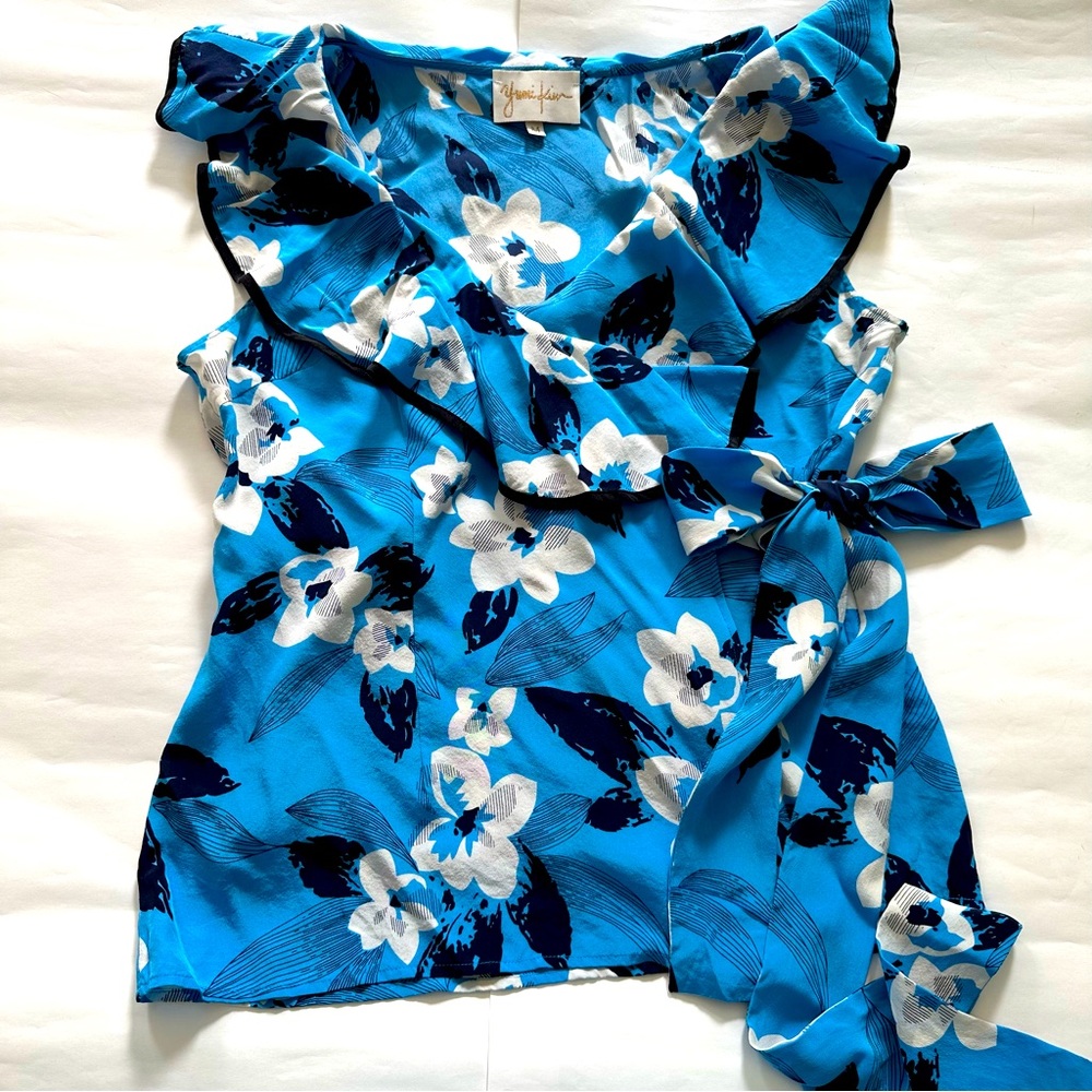 Yum Kim silk wrap around blue floral ruffle sleeveless top